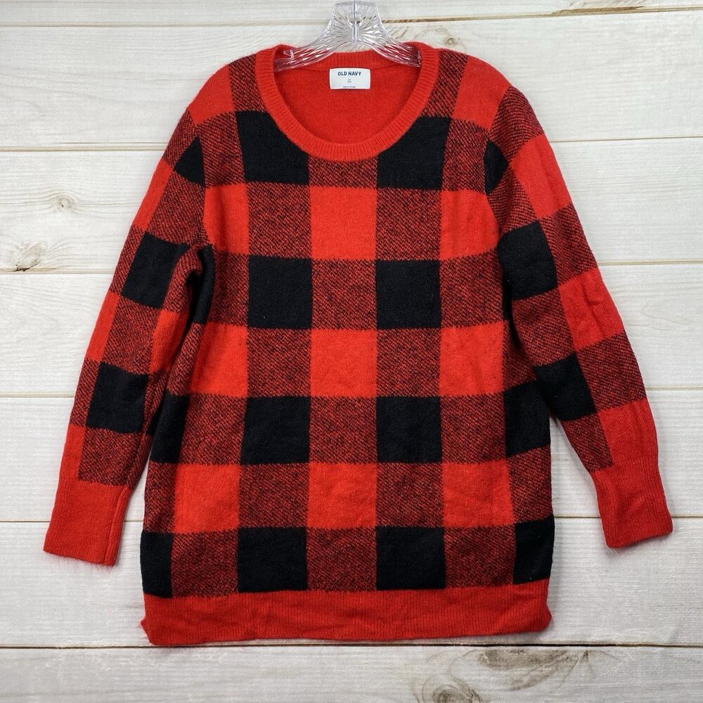 OLD NAVY Women's Sweater 2X Red Plaid Fuzzy Knit V-Neck Camel Soft Shaggy Plush